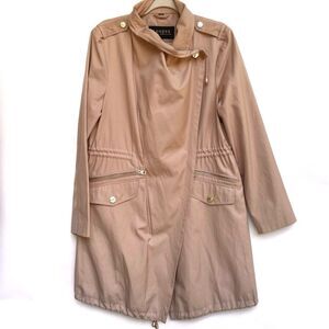 Guess Women's Trench Coat XL Beige Long Belted Utility Style Gold Accents
